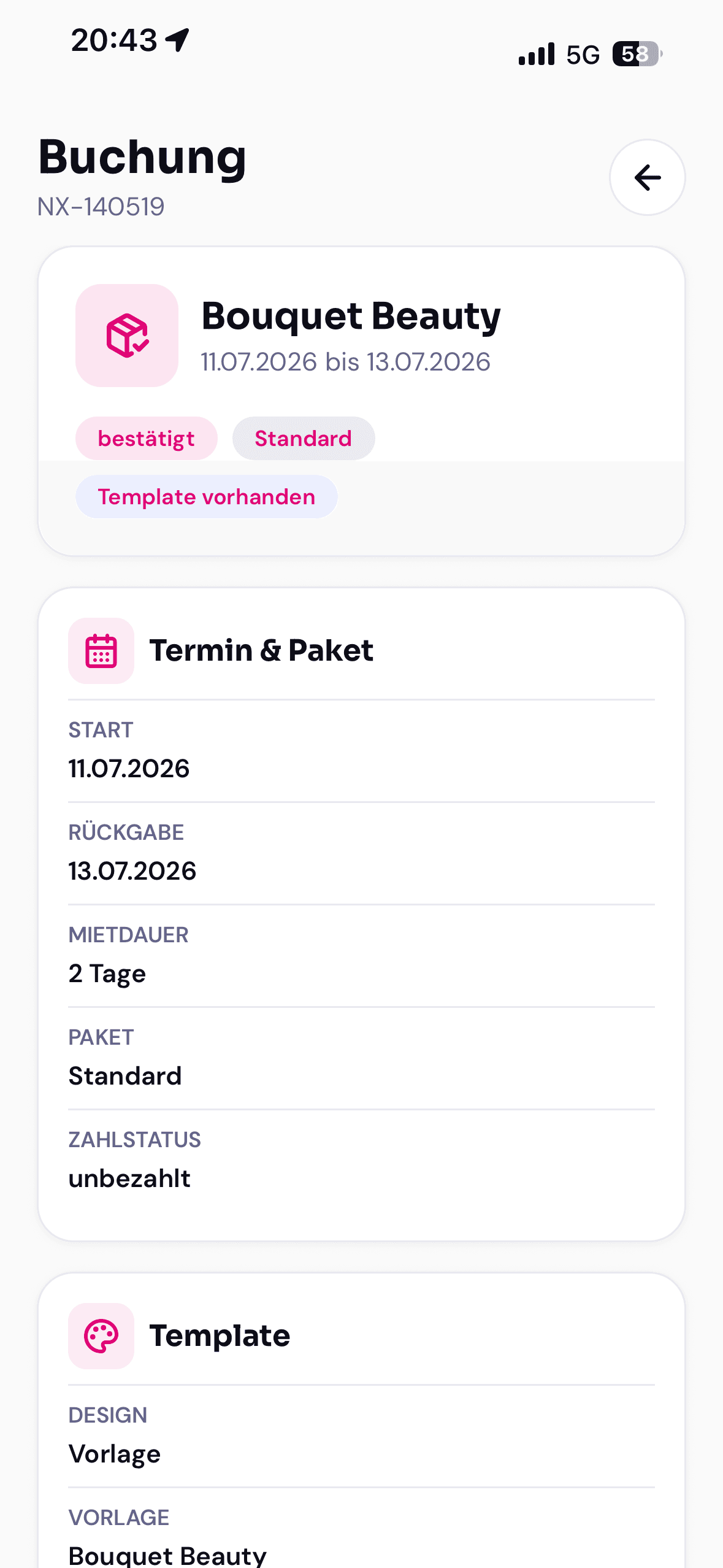 Boekingsdetails met datum en pakket