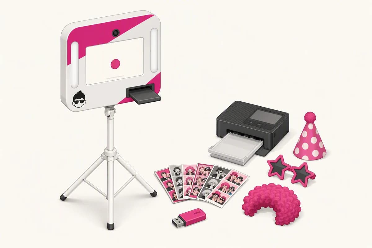 Illustratie van het Basic-pakket: fexobox op statief met printer, fotostroken, verkleedaccessoires en USB-stick