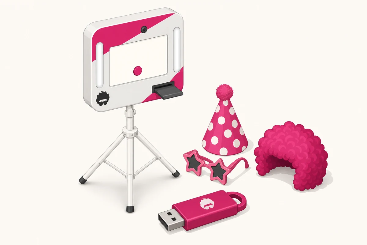 Illustratie van het Lite-pakket: fexobox op statief met verkleedaccessoires en USB-stick, zonder printer